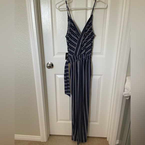 NEW Express tank Jumpsuit Blue and White Stripes with attached belt & elastic wa - Picture 5 of 6